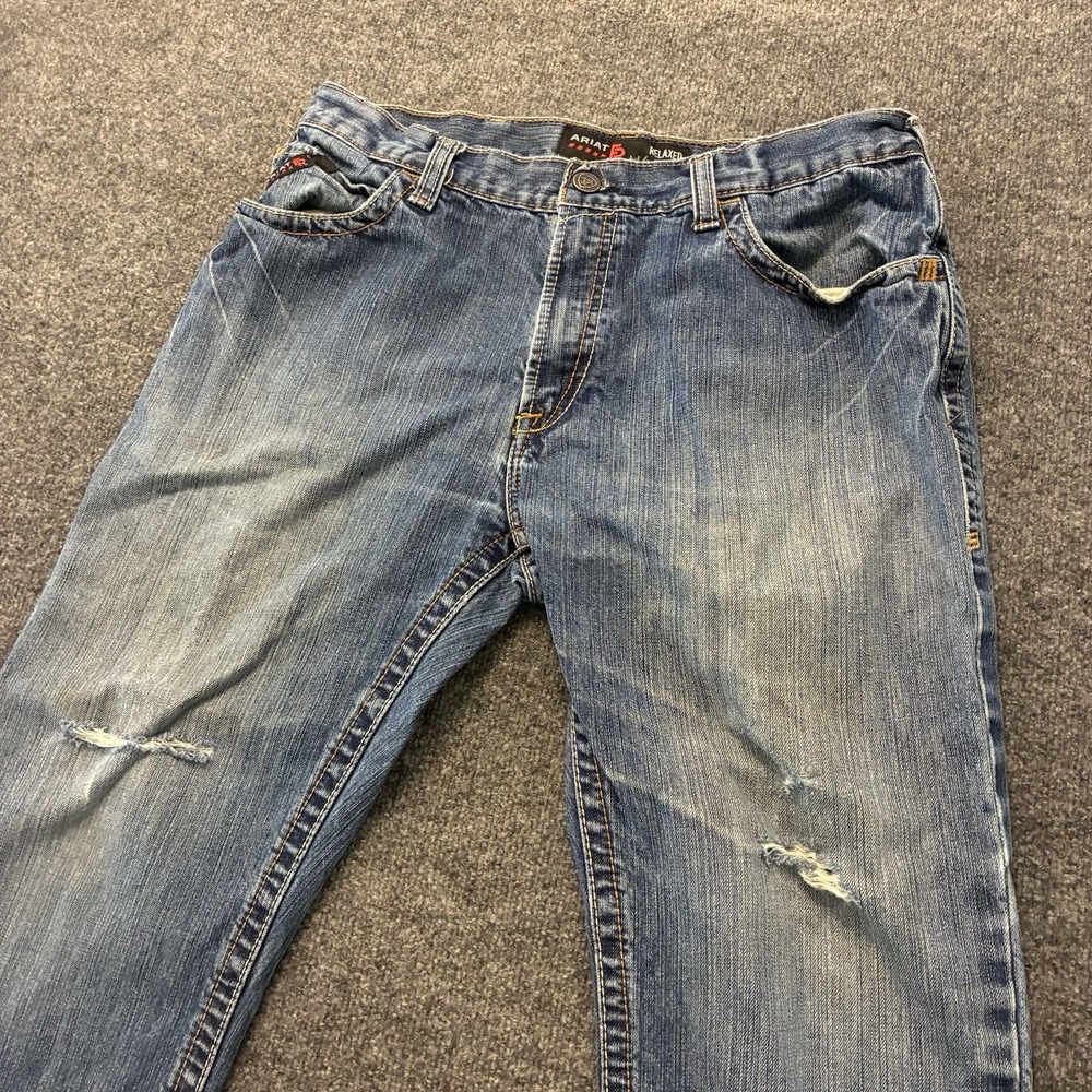 Ariat M4 Relaxed Boot Workwear Faded FR Denim Jeans Mens 36x30 Ripped - Picture 2 of 10
